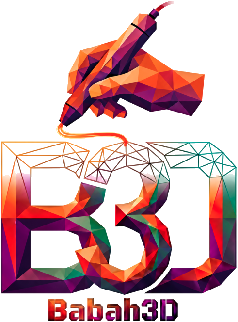 The Babah3D logo: a low-poly hand holding a 3D pen above a faceted B3D wordmark, coloured in a gradient running from orange through magenta to teal.