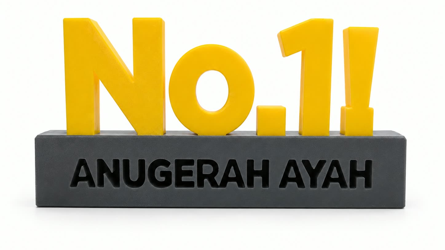 A 3D printed desk sign: thick yellow letters reading No.1! standing on a dark grey base engraved ANUGERAH AYAH.