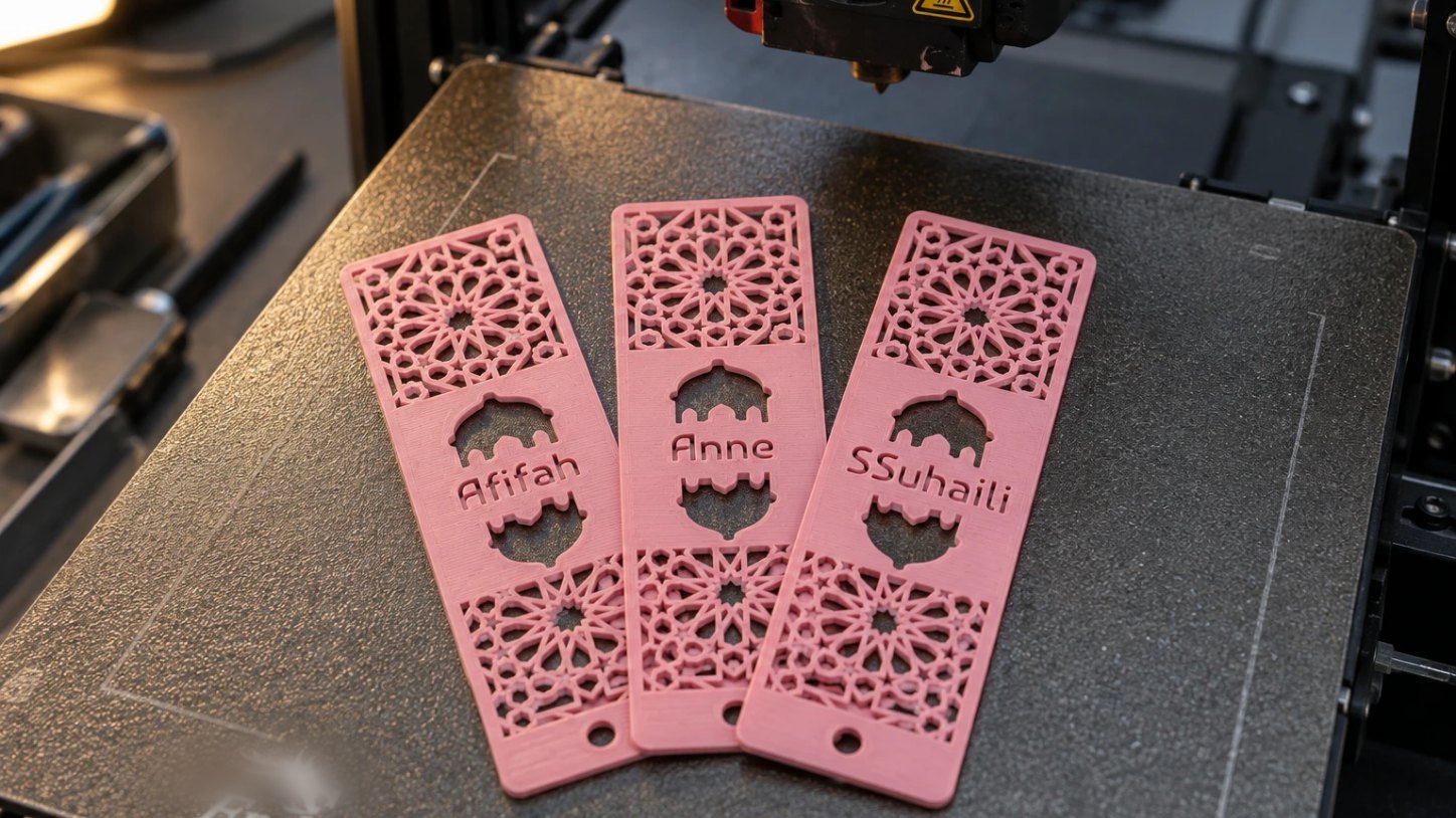 Three pink 3D-printed Raya bookmarks named Afifah, Anne and SSuhaili, lying on a 3D printer build plate as one batch.