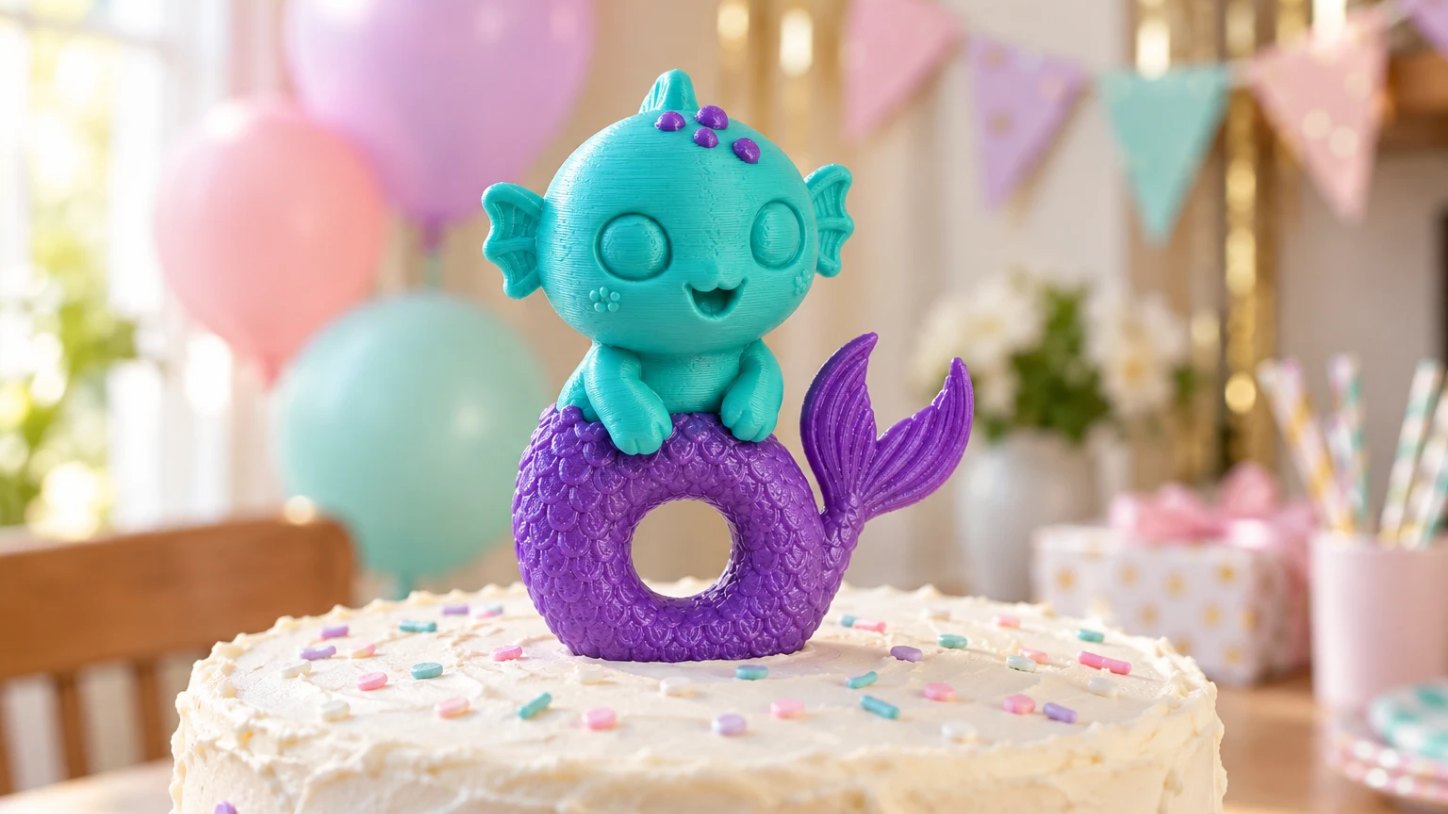 A two-colour 3D-printed sea creature, teal on a purple coiled tail, standing as a topper on a frosted birthday cake with balloons behind.