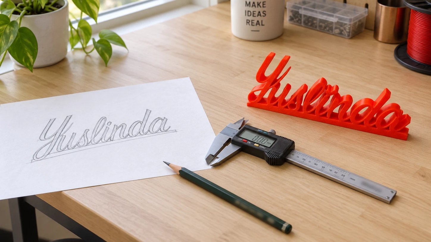 A pencil sketch of the name Yuslinda on paper beside the finished red 3D-printed script sign, with a digital caliper and pencil on a wooden desk.