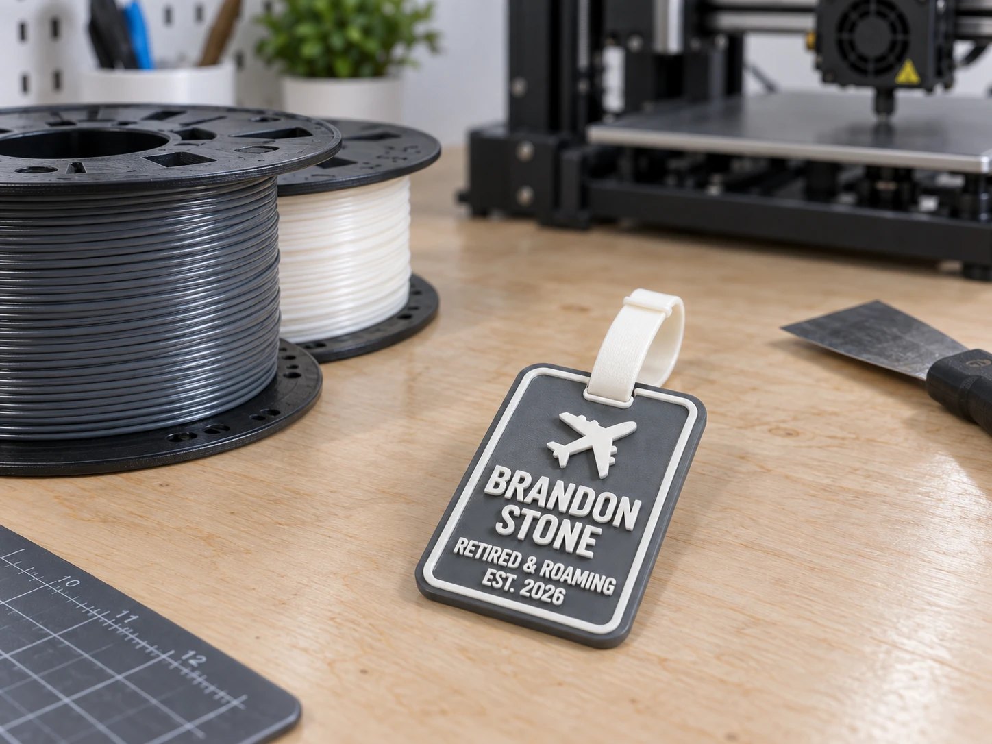A grey 3D-printed luggage tag with a flexible white TPU strap, reading Brandon Stone, Retired and Roaming, on a workbench beside grey and white filament spools and a 3D printer.