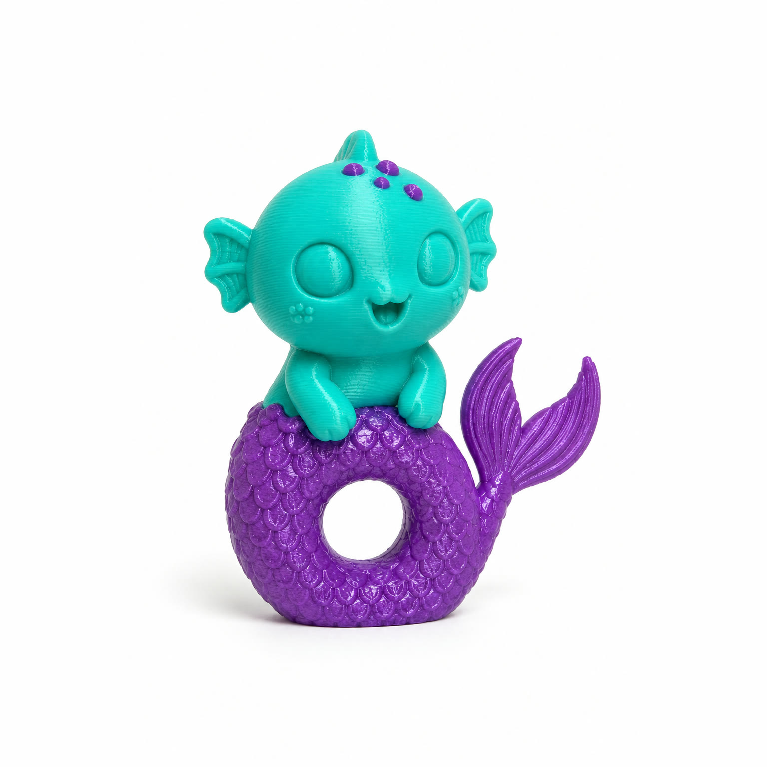 A 3D printed birthday cake topper: a teal sea creature with frilled gills and small purple spots on its head, sitting on a thick purple scaled tail that coils round to form the numeral 6, with the tail fin rising behind it.